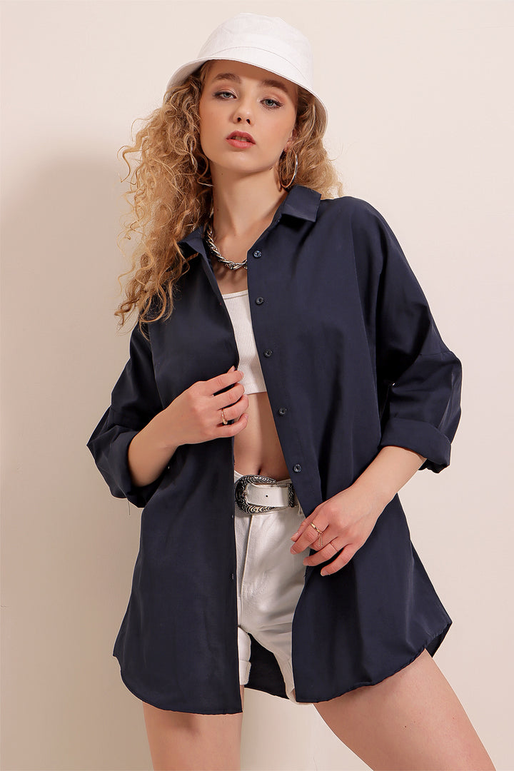 BGD Women Oversize Long Basic Shirt - Navy Blue - Avondale