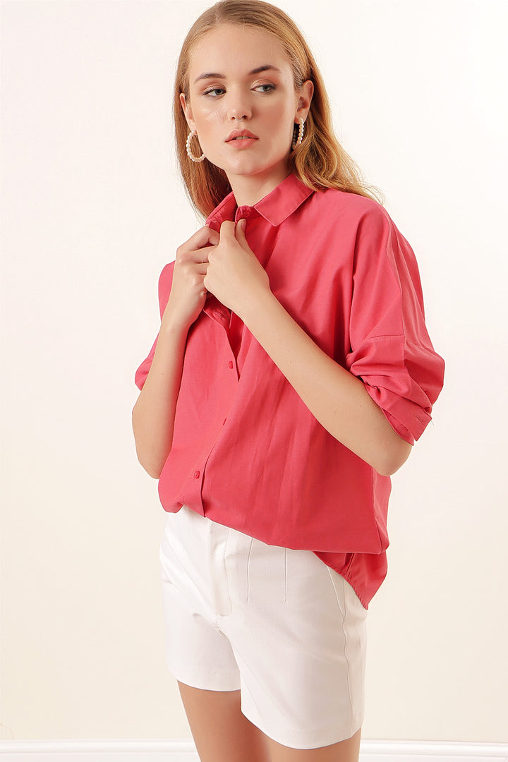 BGD Women Oversize Long Basic Shirt - Pomegranate - Avondale