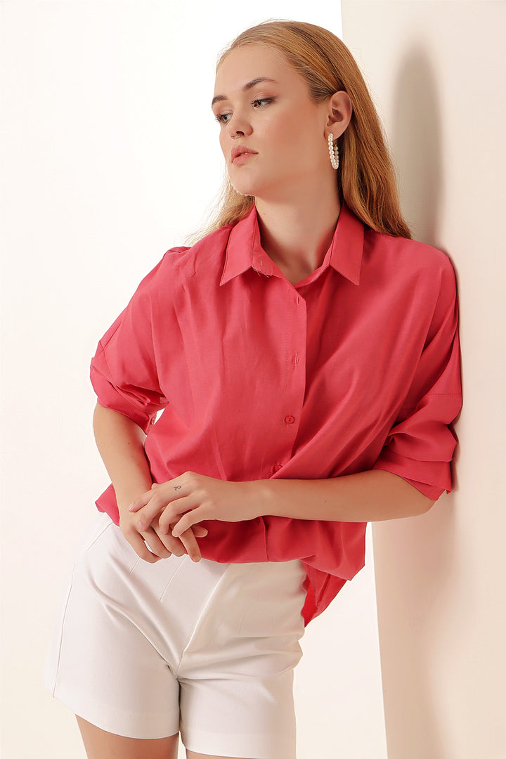 BGD Women Oversize Long Basic Shirt - Pomegranate - Avondale