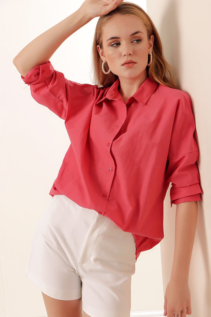 BGD Women Oversize Long Basic Shirt - Pomegranate - Avondale