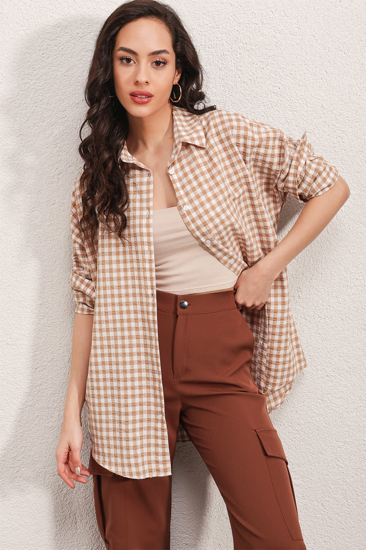 BGD Women Oversized Checkered Shirt - Light Beige - Ragusa