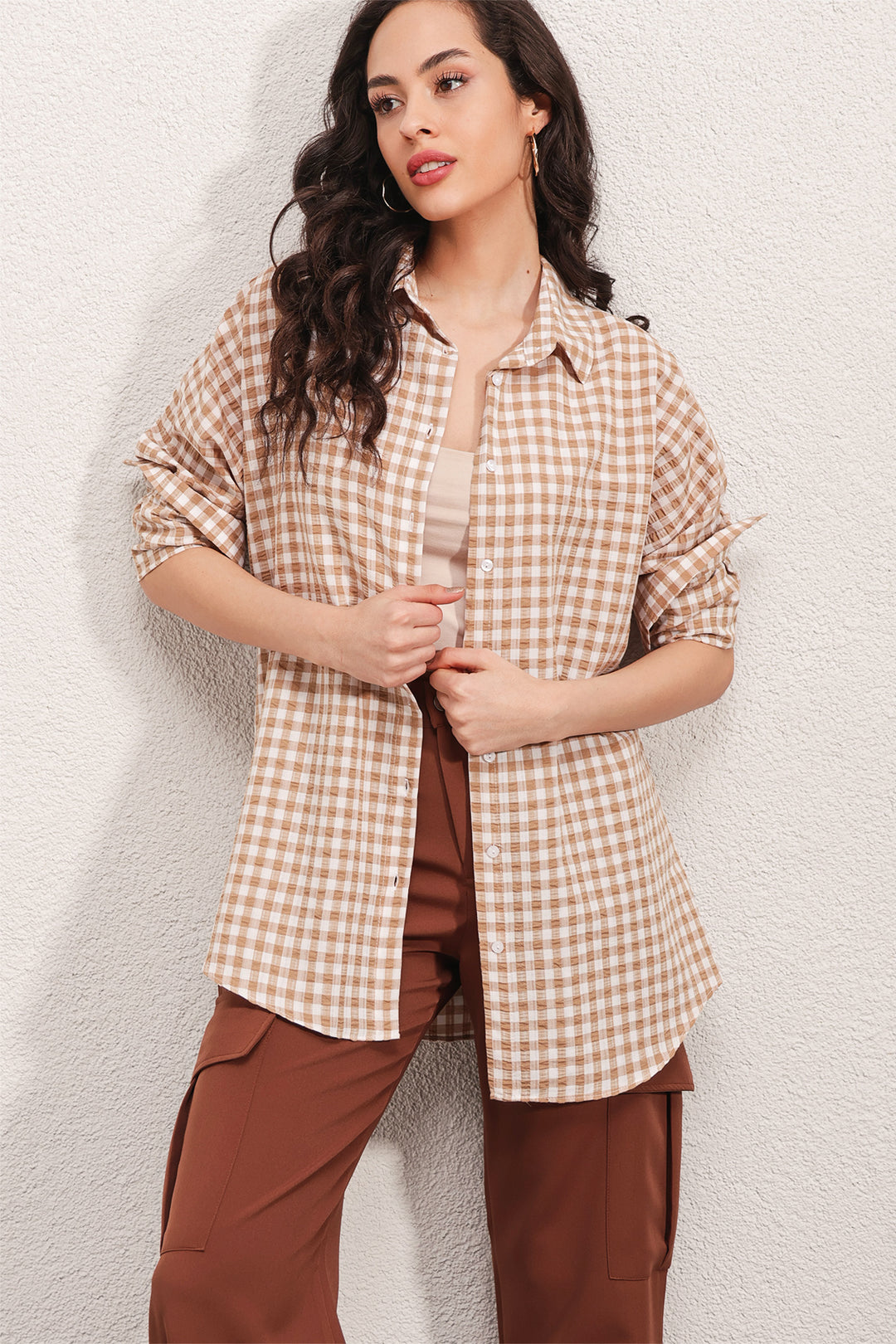 BGD Women Oversized Checkered Shirt - Light Beige - Ragusa