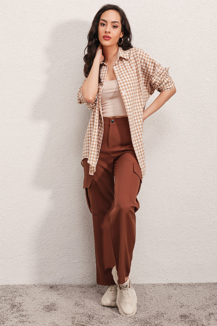 BGD Women Oversized Checkered Shirt - Light Beige - Ragusa