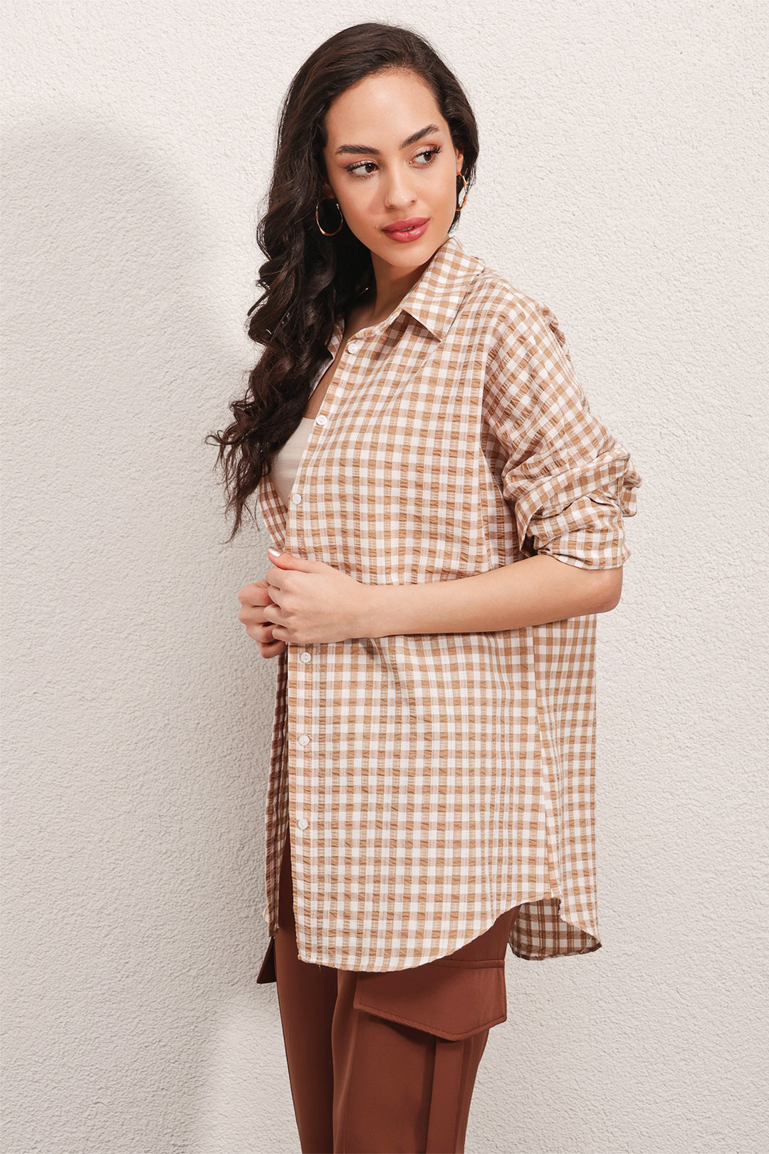 BGD Women Oversized Checkered Shirt - Light Beige - Ragusa