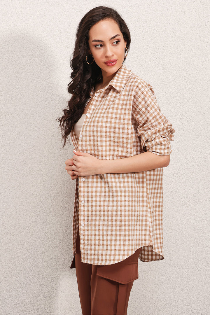 BGD Women Oversized Checkered Shirt - Light Beige - Ragusa