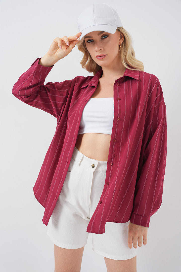 BGD Women Oversize Checkered Shirt - Dark Red - Weert