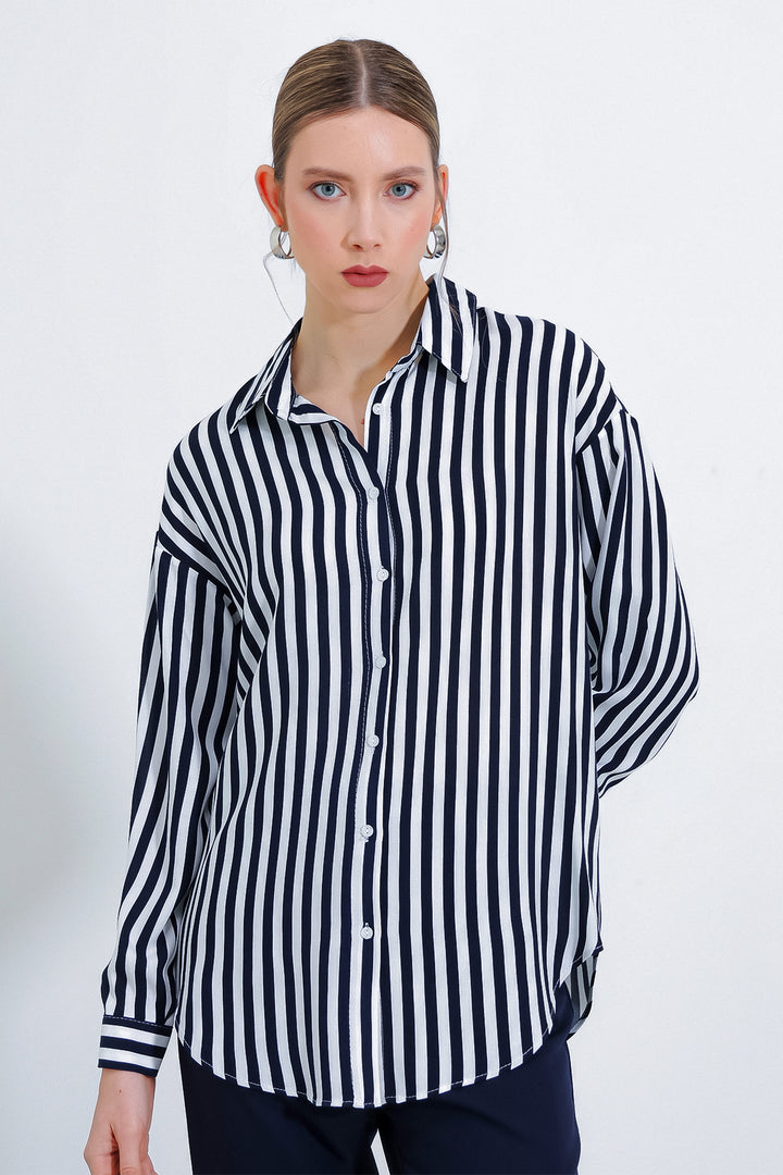 BGD Women Woman Black and White Oversized Striped Viscose Shirt 3900 - Myrtle Beach