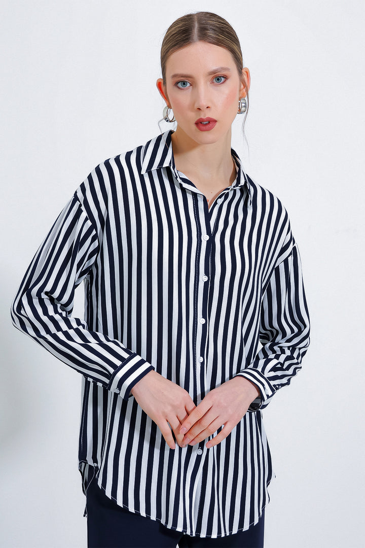 BGD Women Woman Black and White Oversized Striped Viscose Shirt 3900 - Myrtle Beach