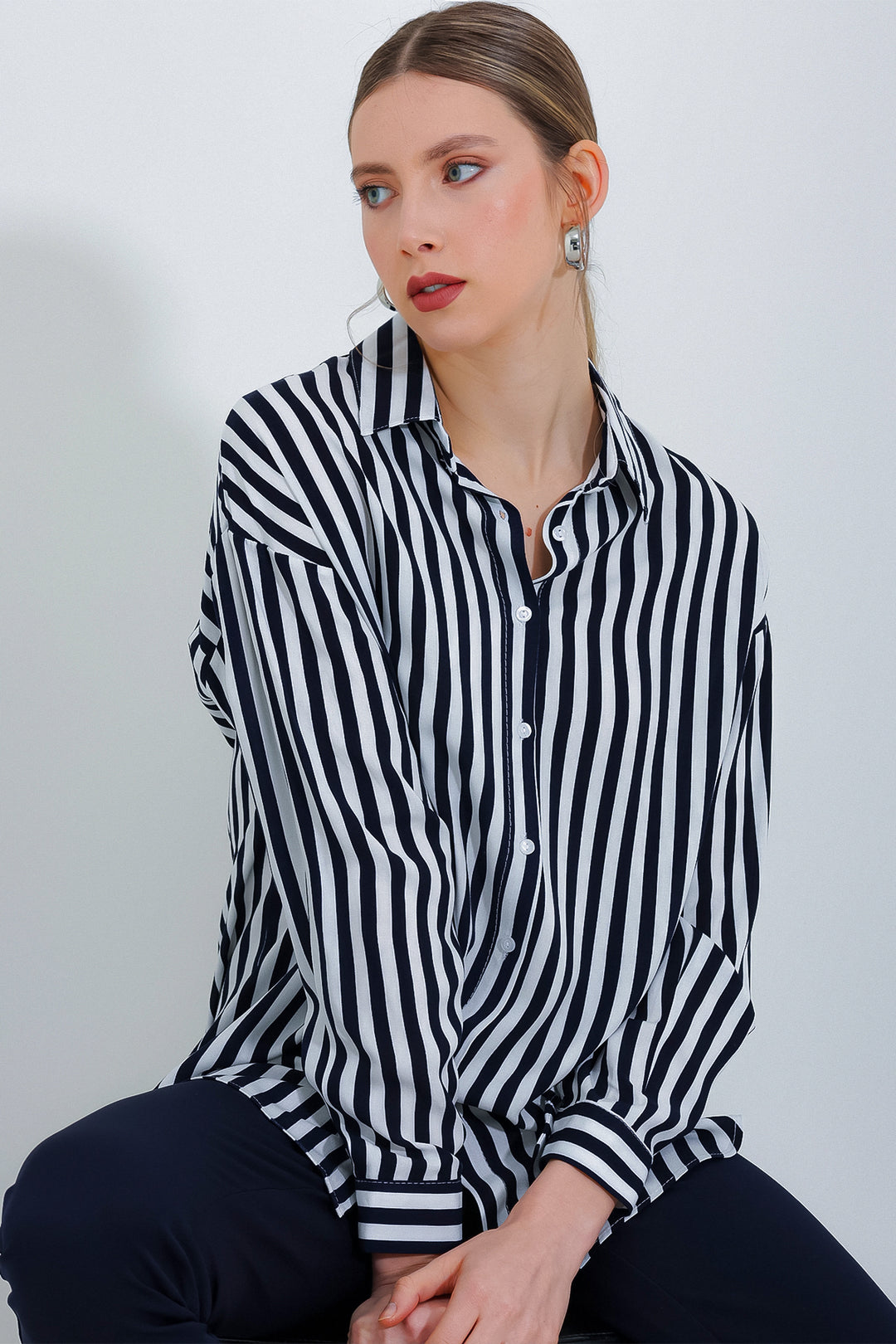 BGD Women Woman Black and White Oversized Striped Viscose Shirt 3900 - Myrtle Beach