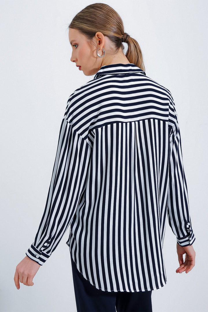 BGD Women Woman Black and White Oversized Striped Viscose Shirt 3900 - Myrtle Beach