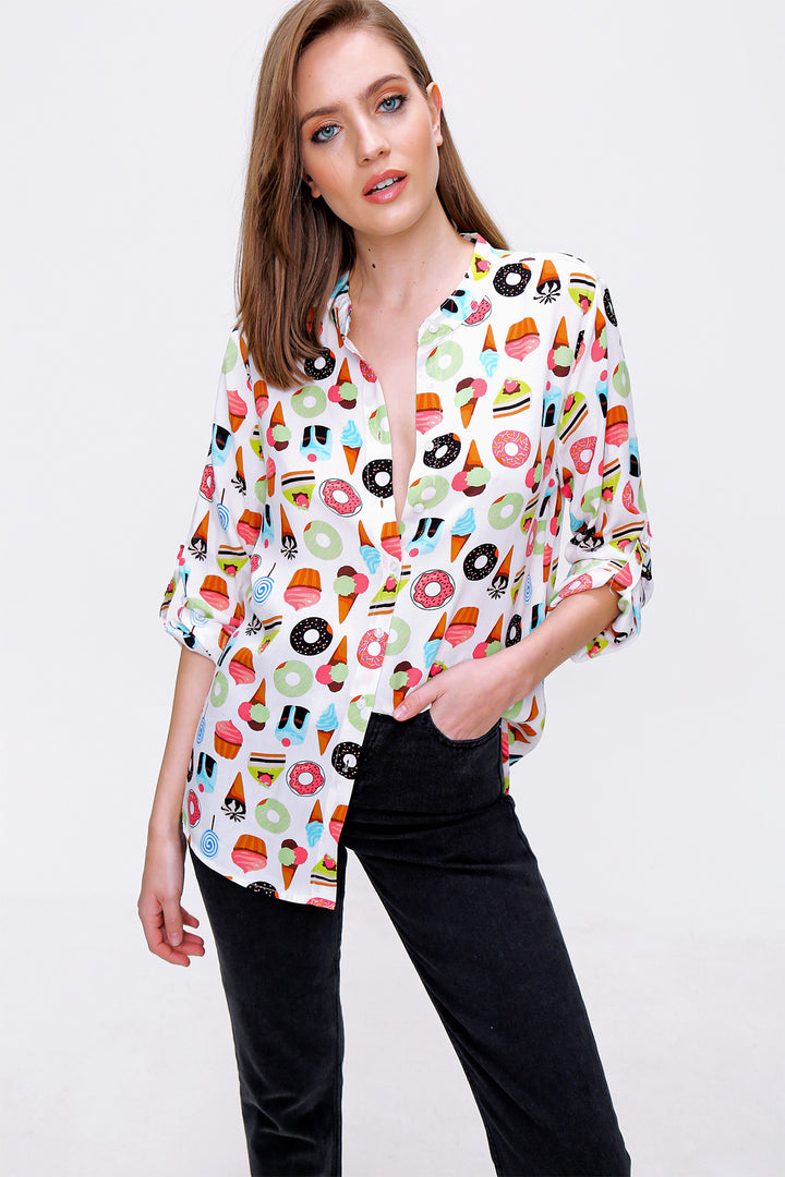 BGD Women Patterned Shirt with Shawl Collar - Ecru - Welland