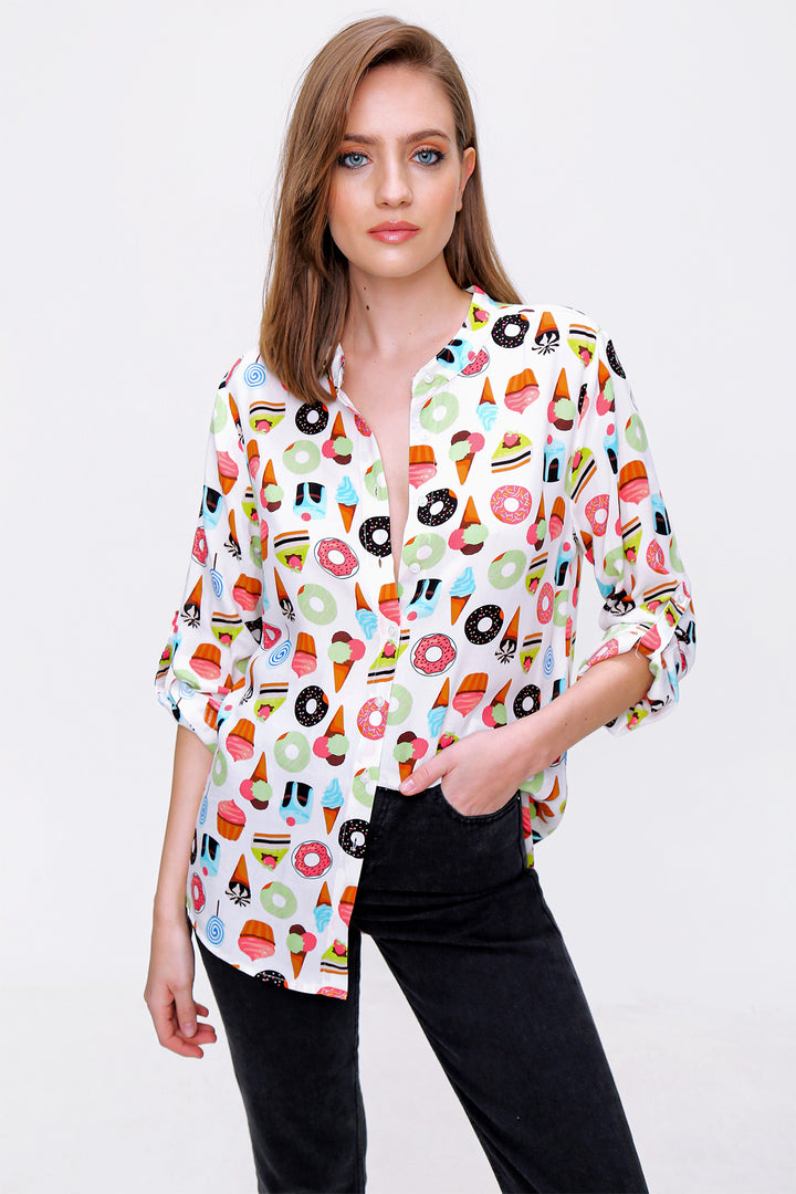 BGD Women Patterned Shirt with Shawl Collar - Ecru - Welland