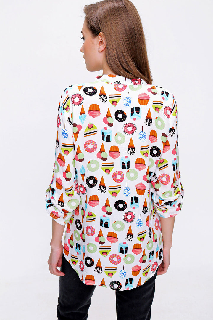 BGD Women Patterned Shirt with Shawl Collar - Ecru - Welland