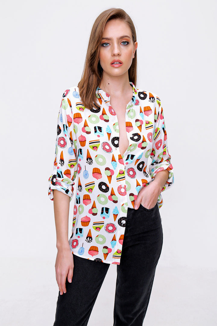 BGD Women Patterned Shirt with Shawl Collar - Ecru - Welland