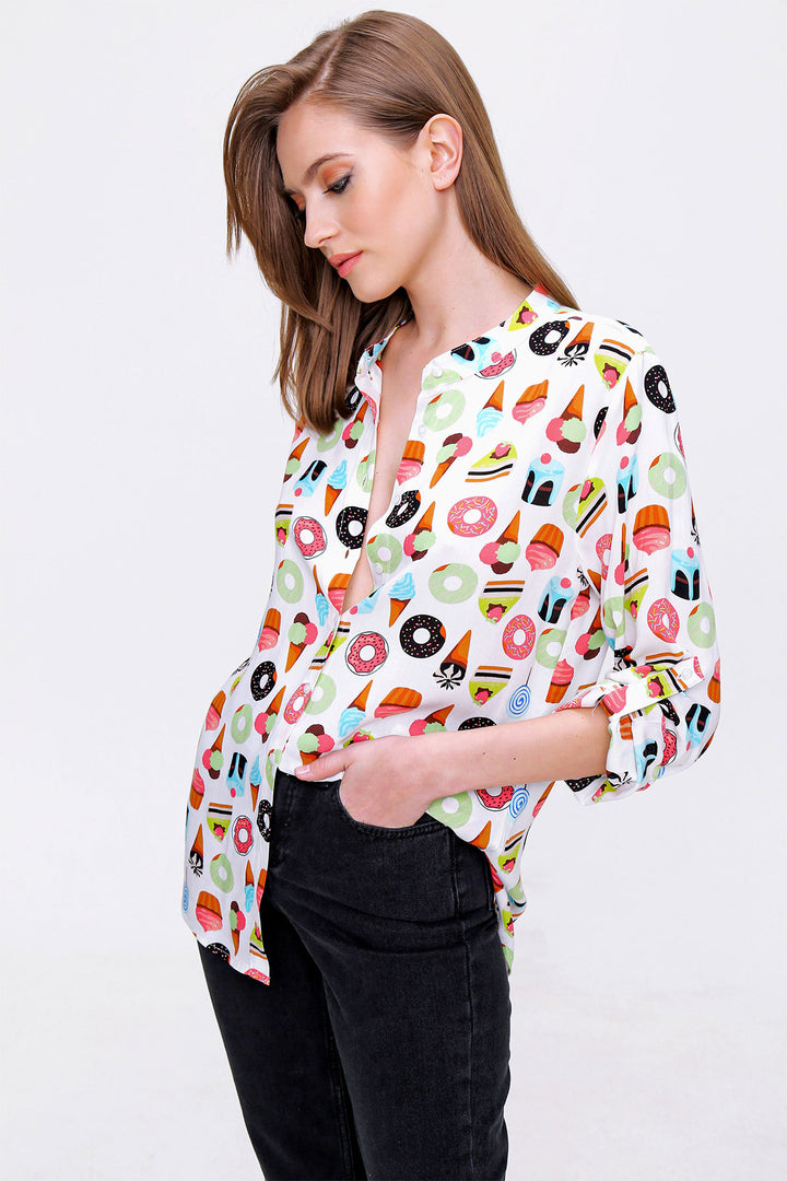 BGD Women Patterned Shirt with Shawl Collar - Ecru - Welland