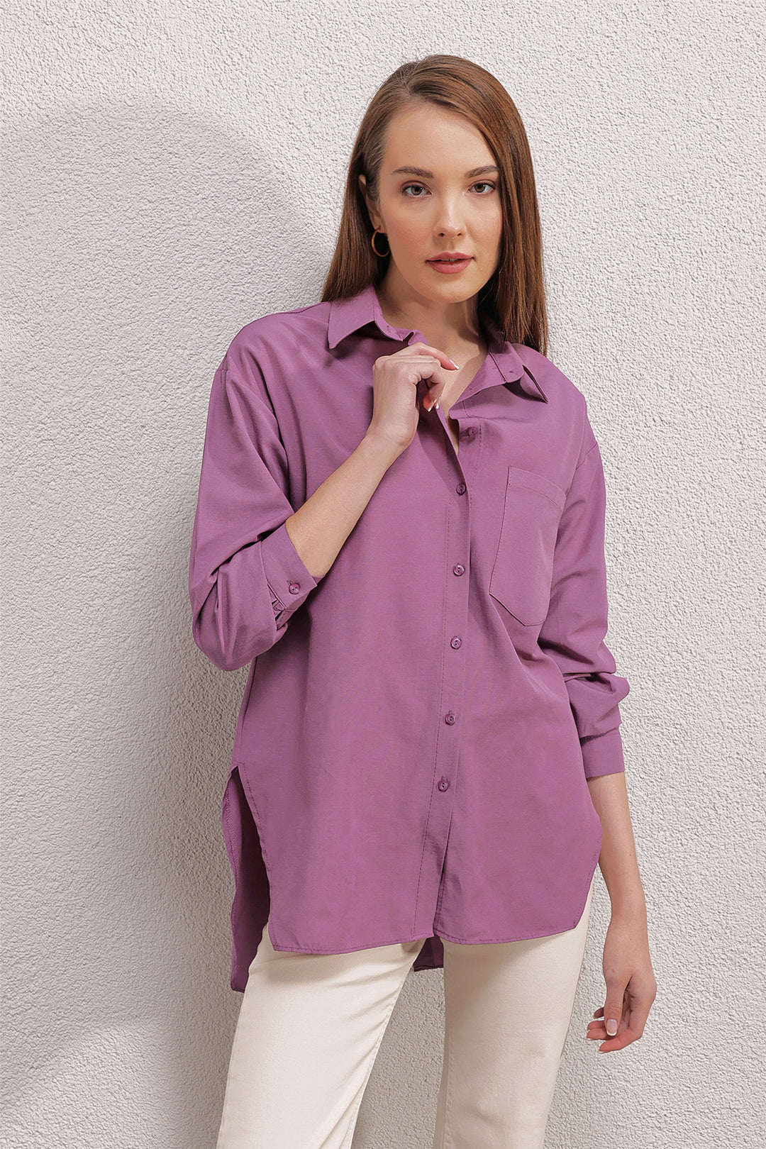 BGD Women Back Buttoned Boyfriend Shirt - Dark Lilac - Orem