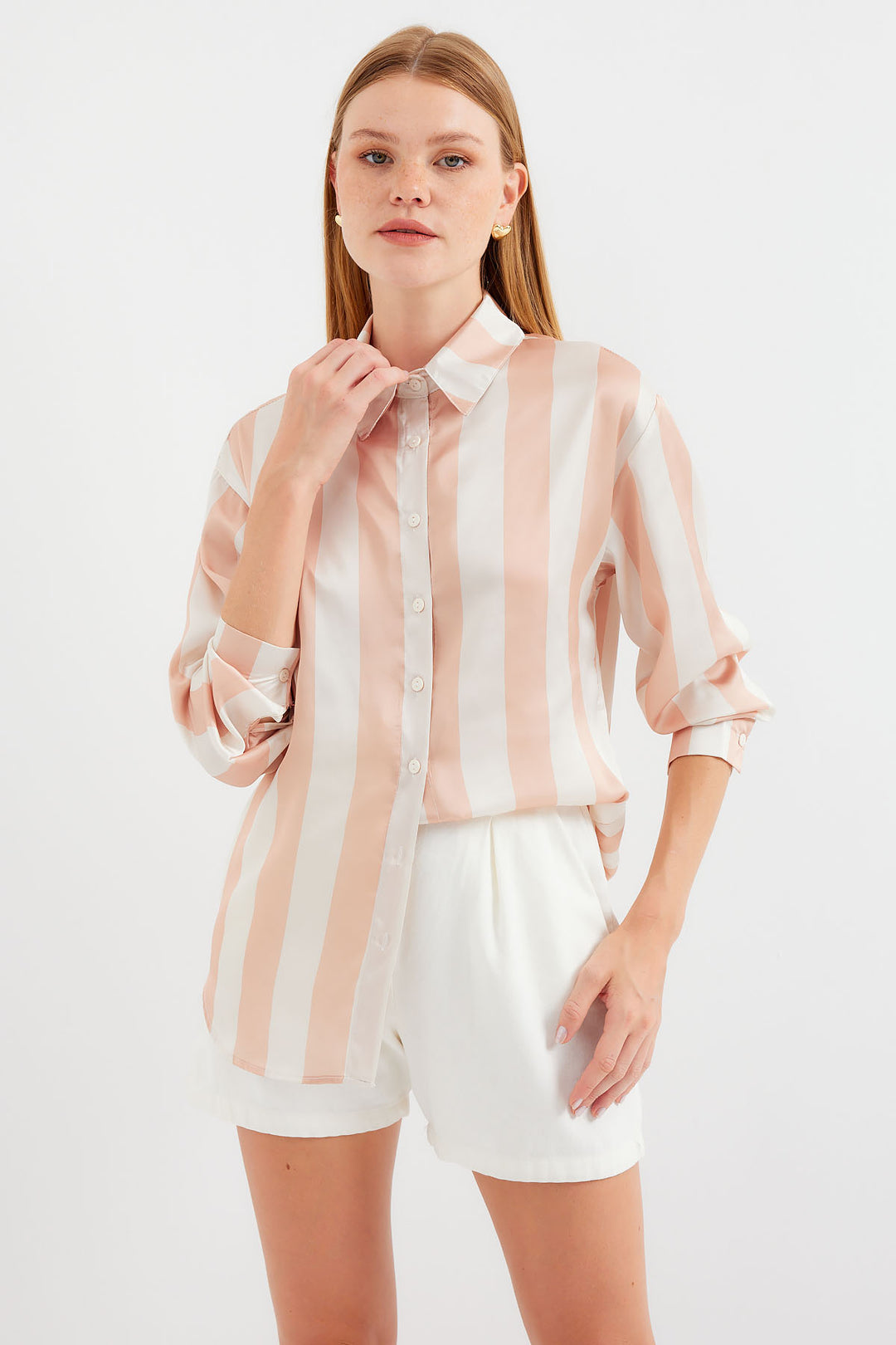 BGD Women Lightweight Draped Striped Satin Shirt - Biscuit - Avondale