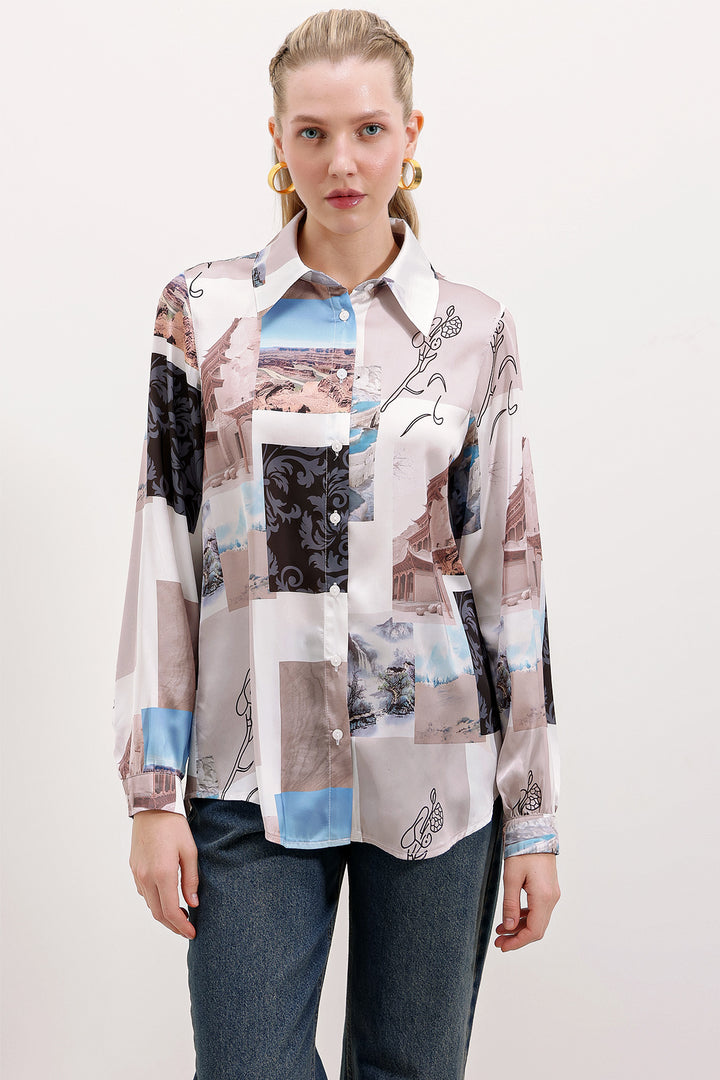 BGD Women Lightweight Satin Shirt - Light Beige - Avondale
