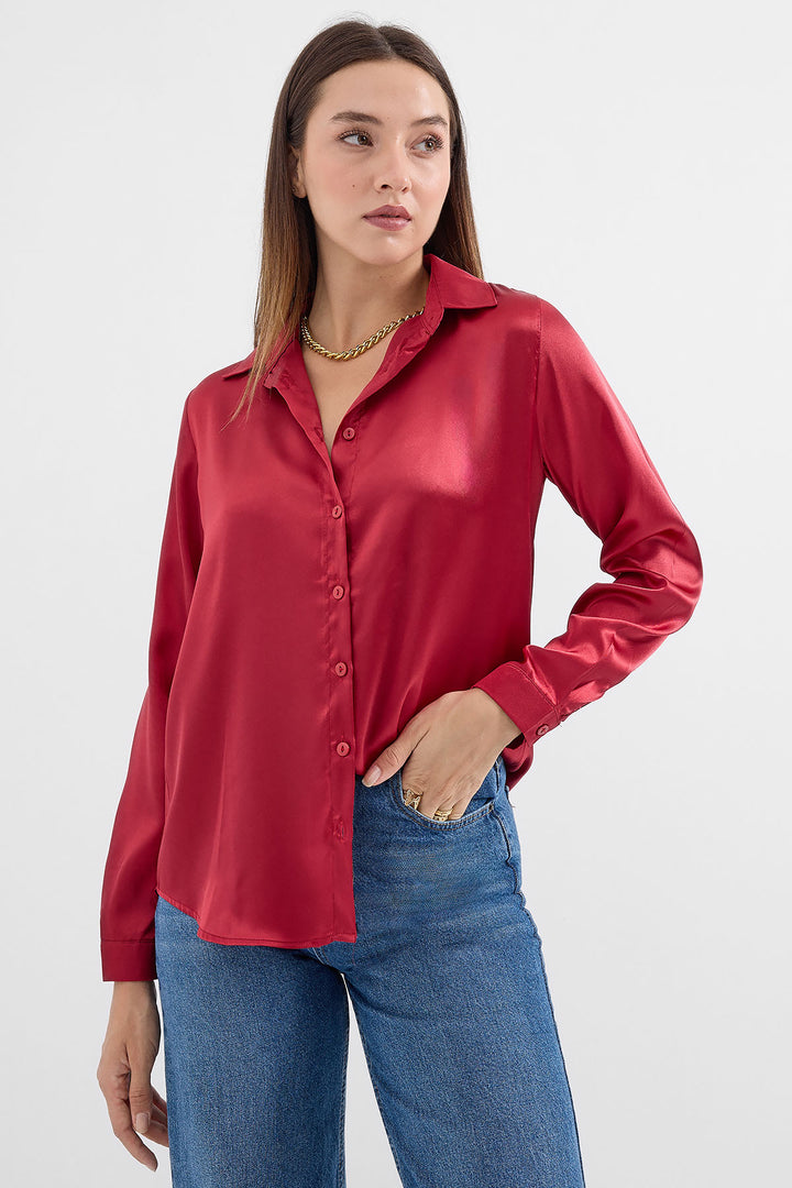 BGD Women Lightweight Draped Satin Shirt - Maroon - Avondale