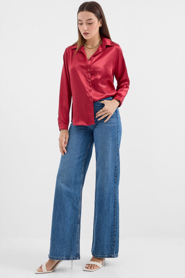 BGD Women Lightweight Draped Satin Shirt - Maroon - Avondale