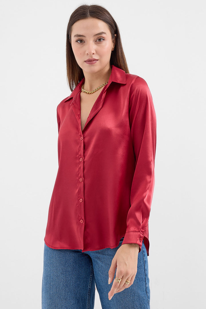 BGD Women Lightweight Draped Satin Shirt - Maroon - Avondale