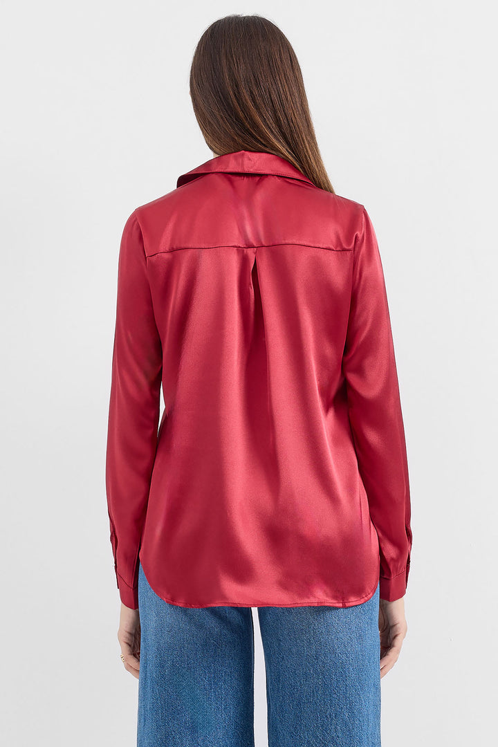 BGD Women Lightweight Draped Satin Shirt - Maroon - Avondale