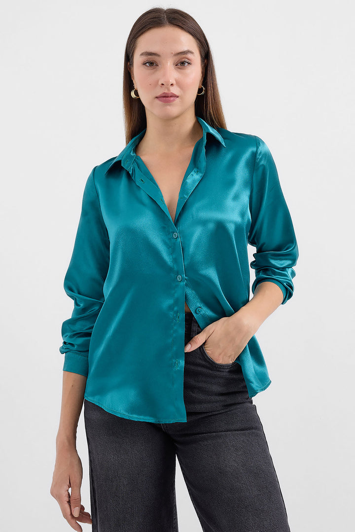 BGD Women Lightweight Draped Satin Shirt - Olive Green - Avondale