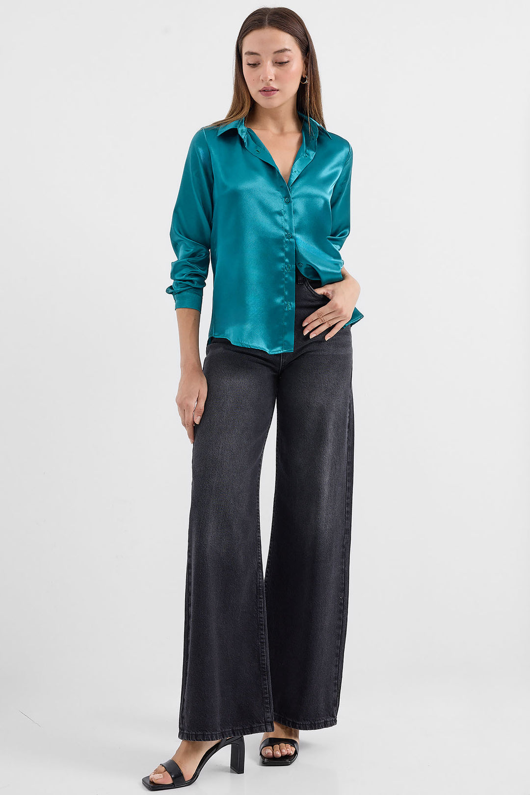 BGD Women Lightweight Draped Satin Shirt - Olive Green - Avondale