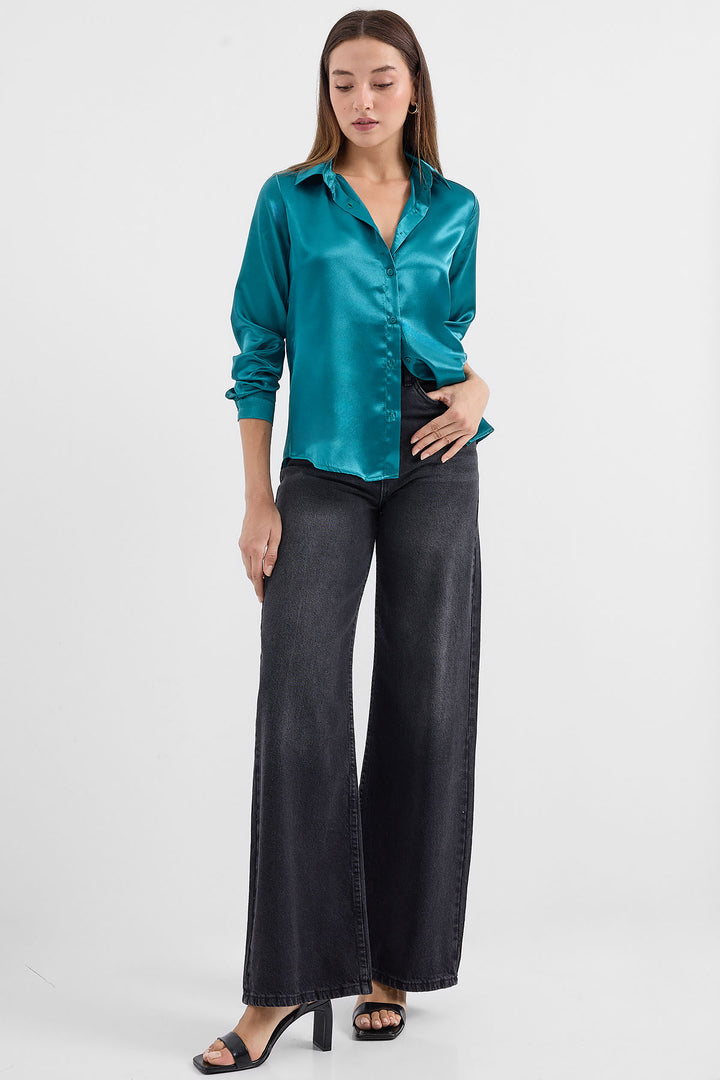 BGD Women Lightweight Draped Satin Shirt - Olive Green - Avondale