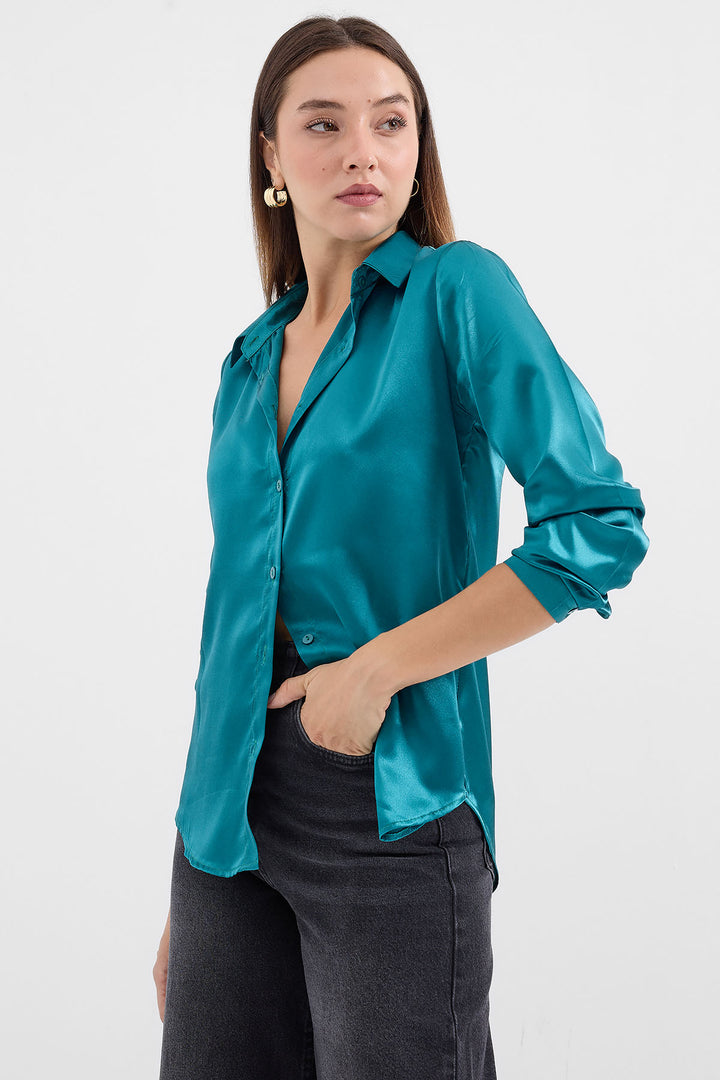 BGD Women Lightweight Draped Satin Shirt - Olive Green - Avondale