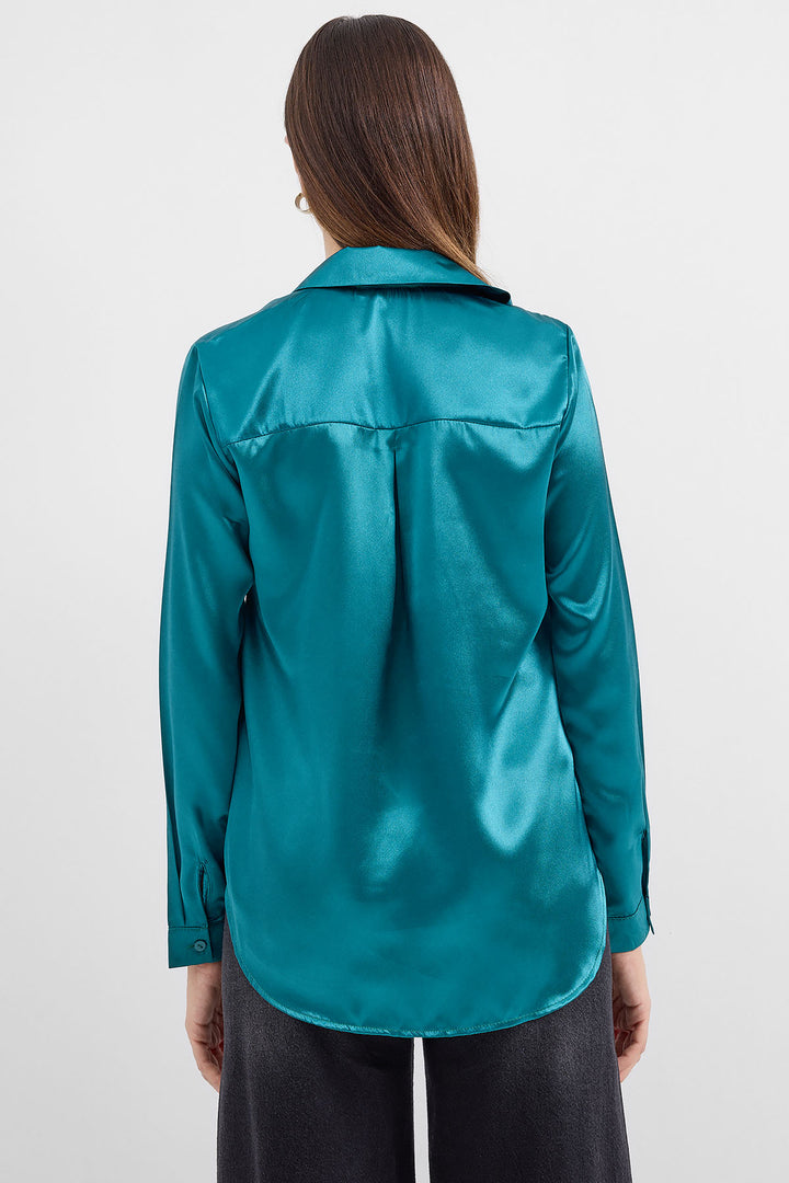 BGD Women Lightweight Draped Satin Shirt - Olive Green - Avondale