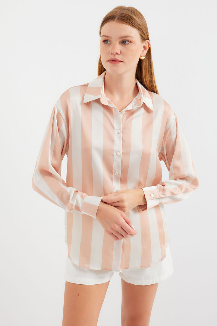 BGD Women Lightweight Draped Striped Satin Shirt - Biscuit - Avondale