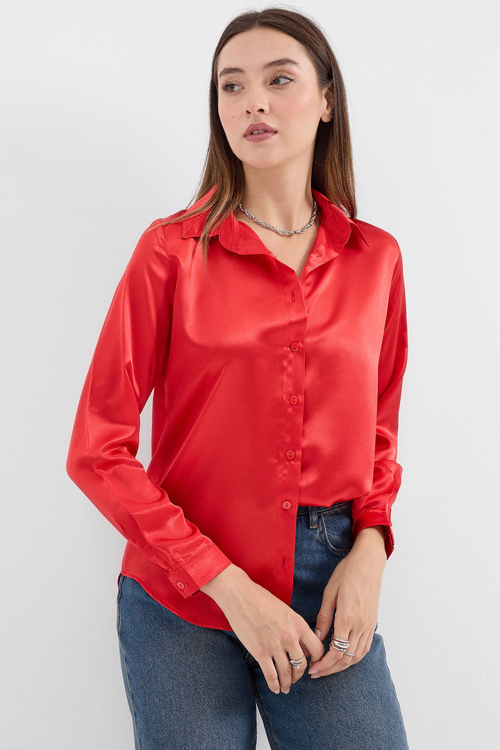 BGD Women Lightweight Draped Satin Shirt - Burgundy - Avondale