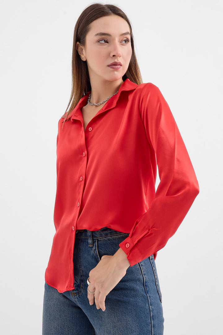 BGD Women Lightweight Draped Satin Shirt - Burgundy - Avondale