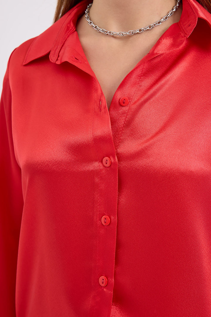 BGD Women Lightweight Draped Satin Shirt - Burgundy - Avondale