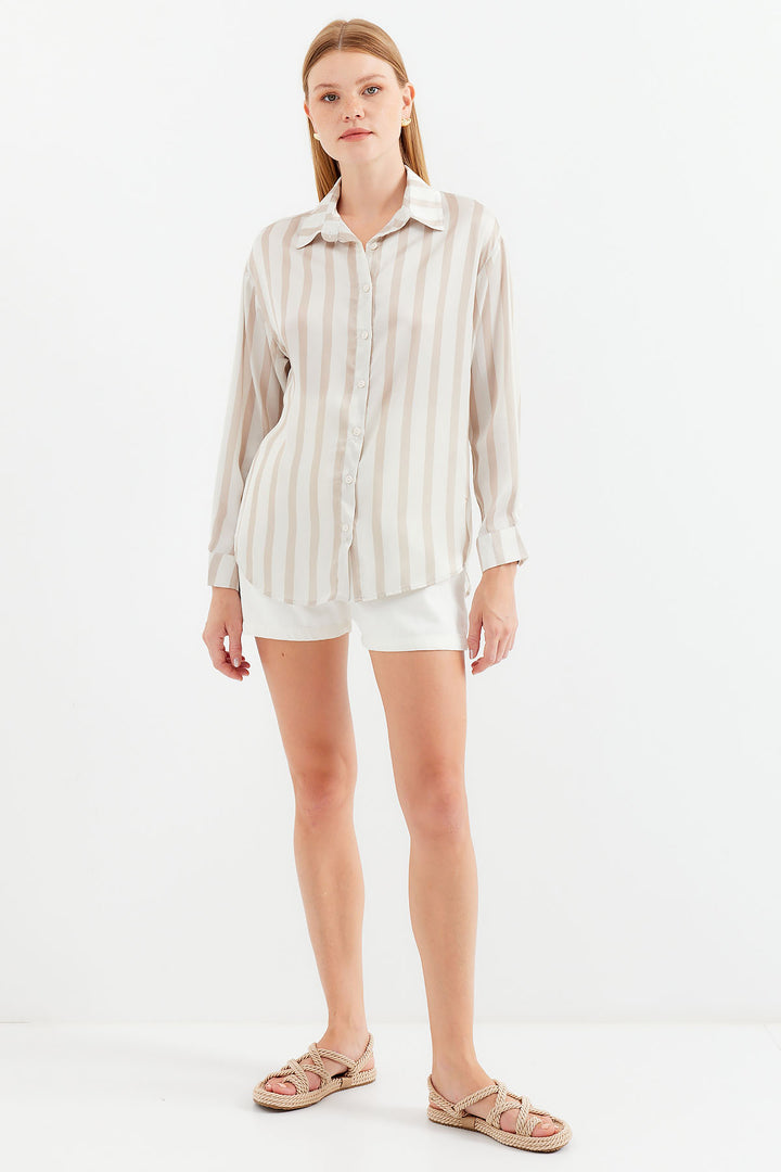 BGD Women Lightweight Draped Satin Shirt - C. Beige - Avondale