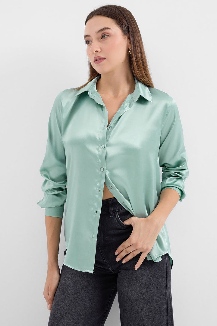 BGD Women Lightweight Draped Satin Shirt - Chartreuse - Avondale