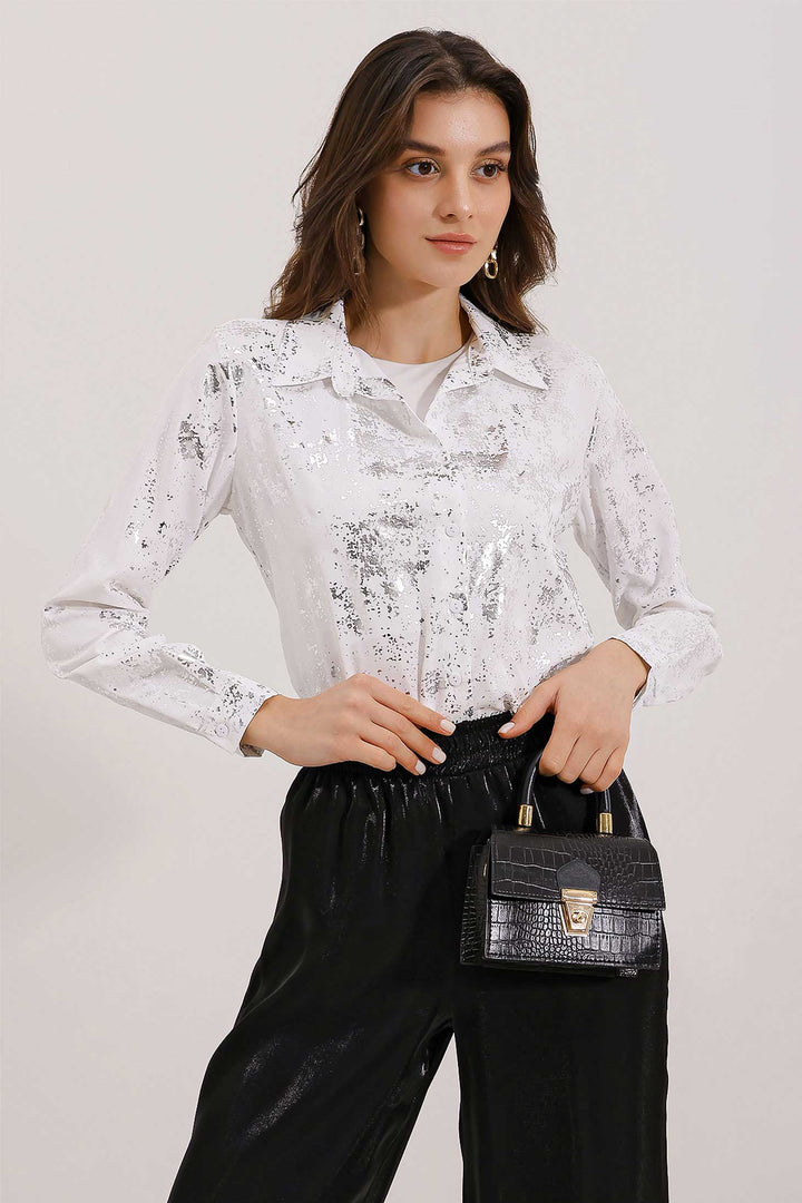BGD Women Lightweight Draped Satin Shirt - Silver - Stoke-on-Trent
