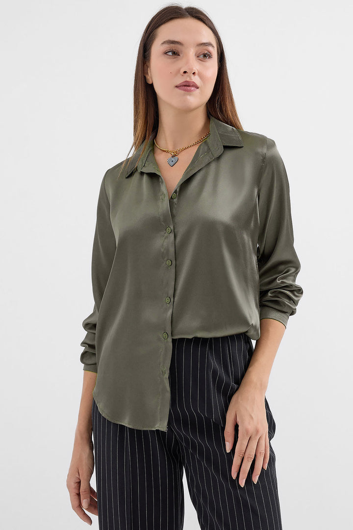 BGD Women Lightweight Draped Satin Shirt - Khaki - Avondale