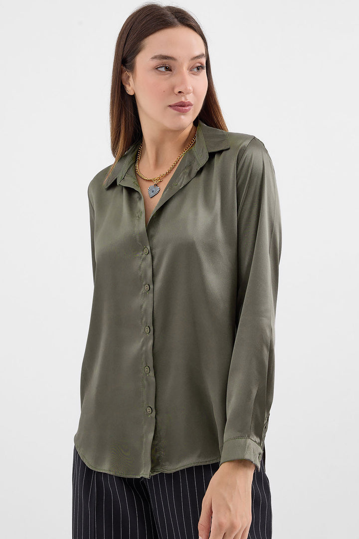 BGD Women Lightweight Draped Satin Shirt - Khaki - Avondale