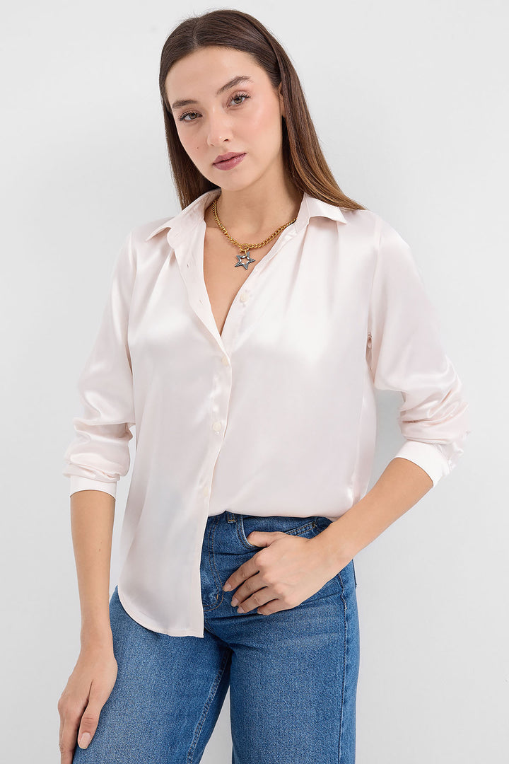 BGD Women Lightweight Draped Satin Shirt - Cream - Avondale