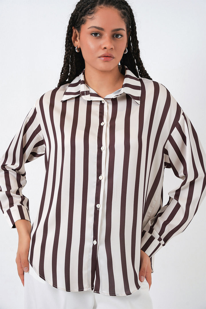 BGD Women Hafif Dökümlü Saten Gömlek - M. Kahverengi - Garden Grove