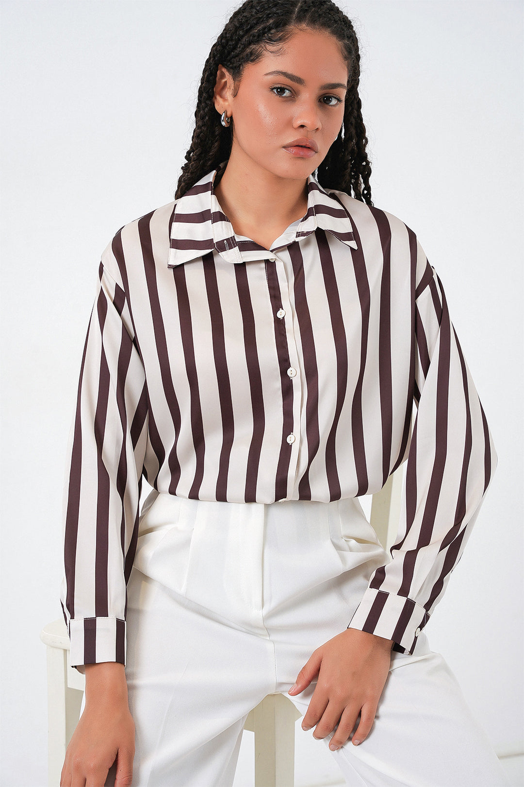 BGD Women Hafif Dökümlü Saten Gömlek - M. Kahverengi - Garden Grove