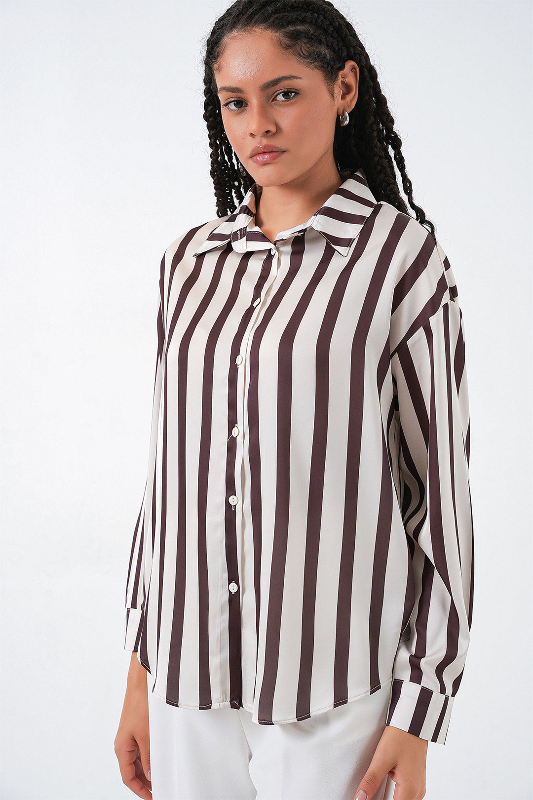 BGD Women Hafif Dökümlü Saten Gömlek - M. Kahverengi - Garden Grove