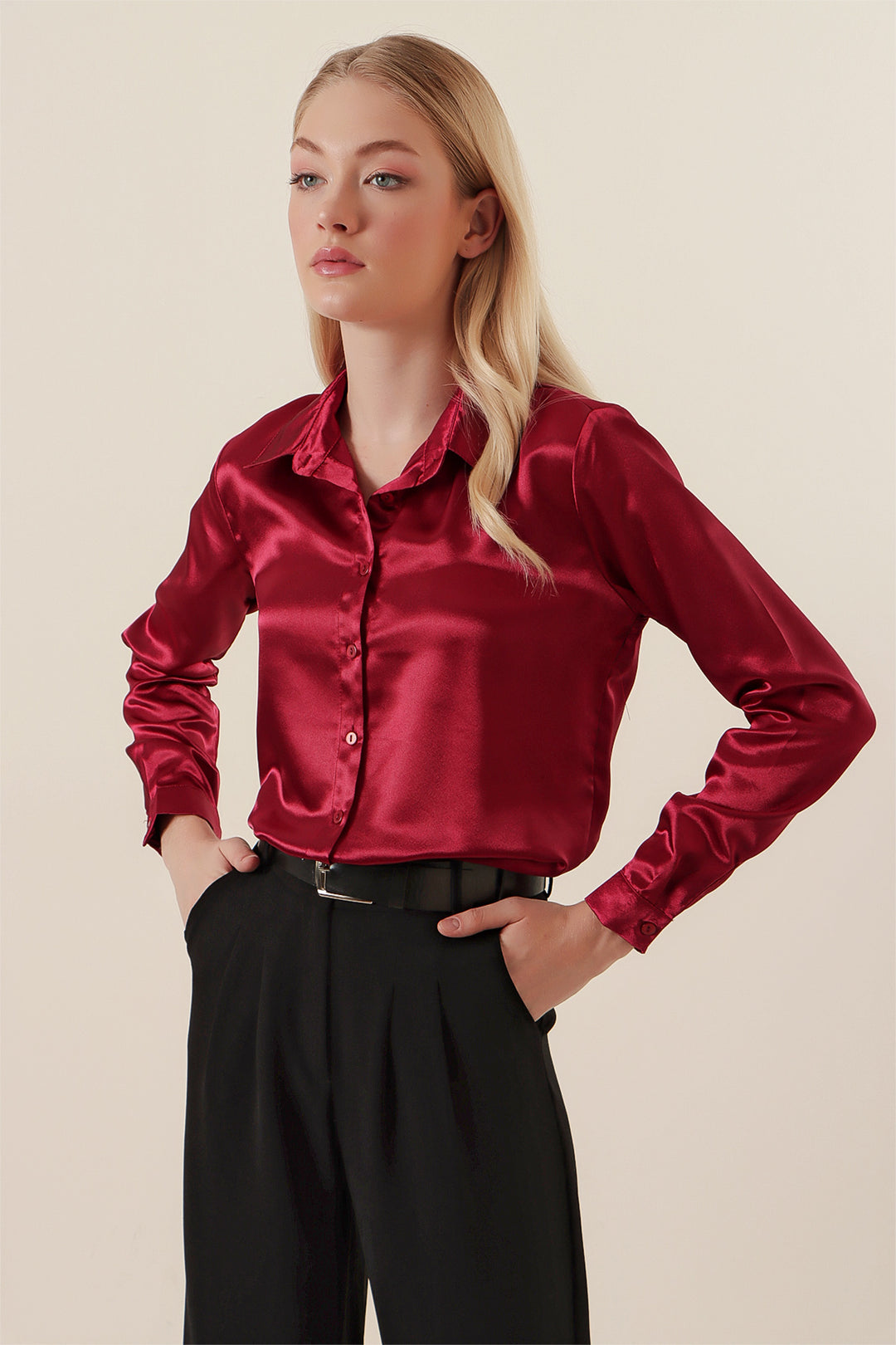 BGD Women Lightweight Draped Satin Shirt - Purple - Avondale