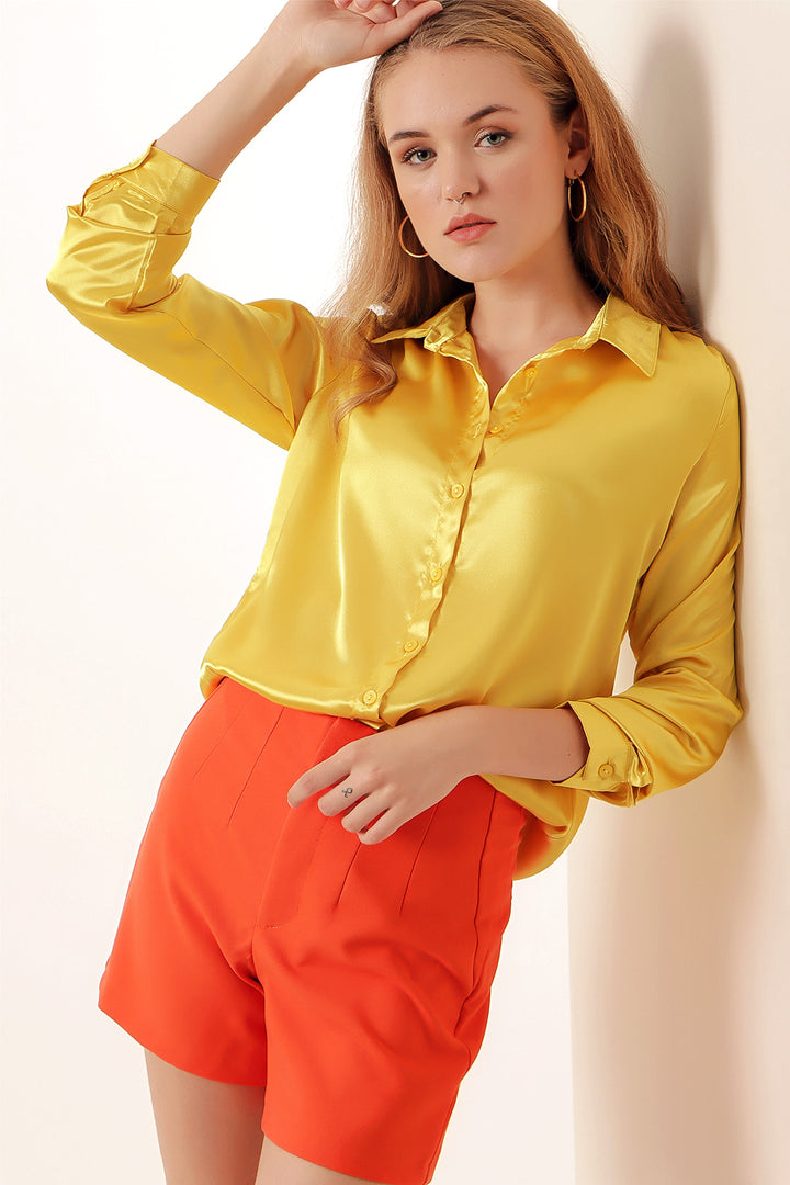 BGD Women Lightweight Draped Satin Shirt - Yellow - Watsonville