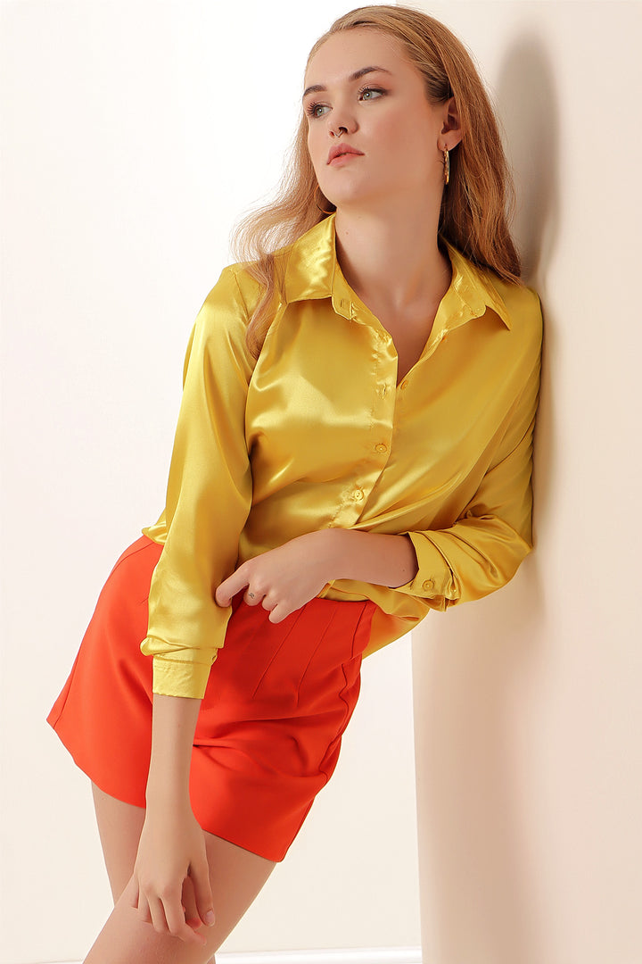 BGD Women Lightweight Draped Satin Shirt - Yellow - Watsonville