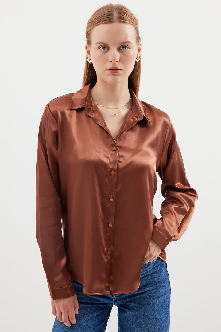 BGD Women Lightweight Draped Satin Shirt - Tan - Avondale