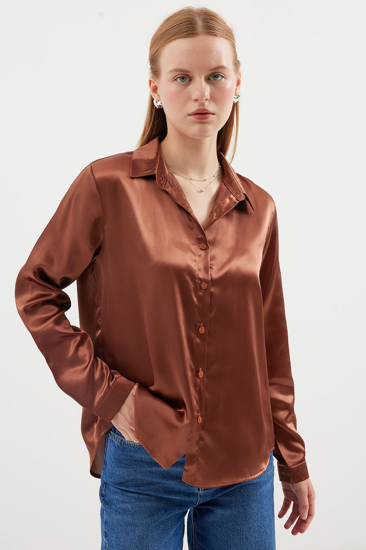 BGD Women Lightweight Draped Satin Shirt - Tan - Avondale