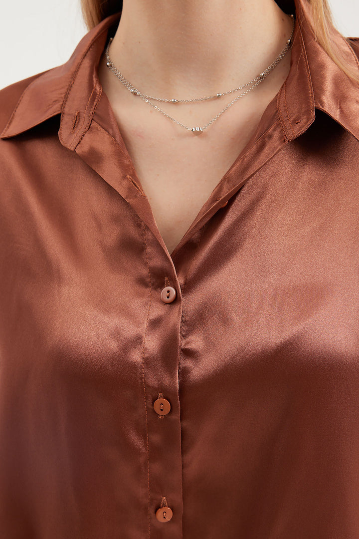 BGD Women Lightweight Draped Satin Shirt - Tan - Avondale